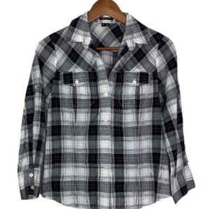 Theory Black and White Plaid Shirt 3/4 Sleeve Button Down Designer Blouse XS